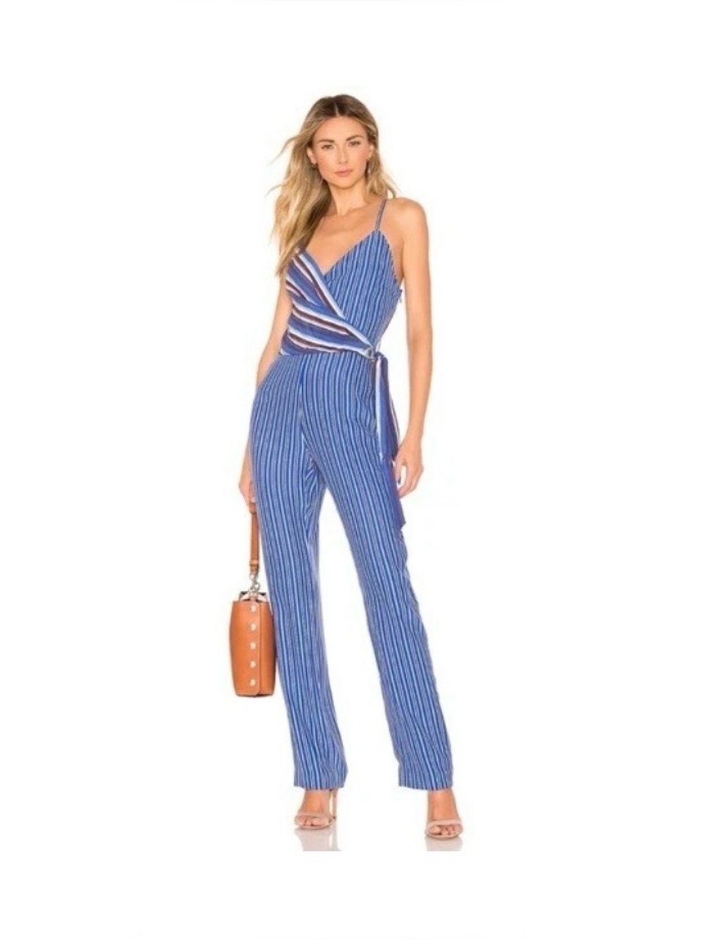 Rag & Bone Felix Blue White Stripe Jumpsuit Faux Wrap Top Side Tie Sz 4.